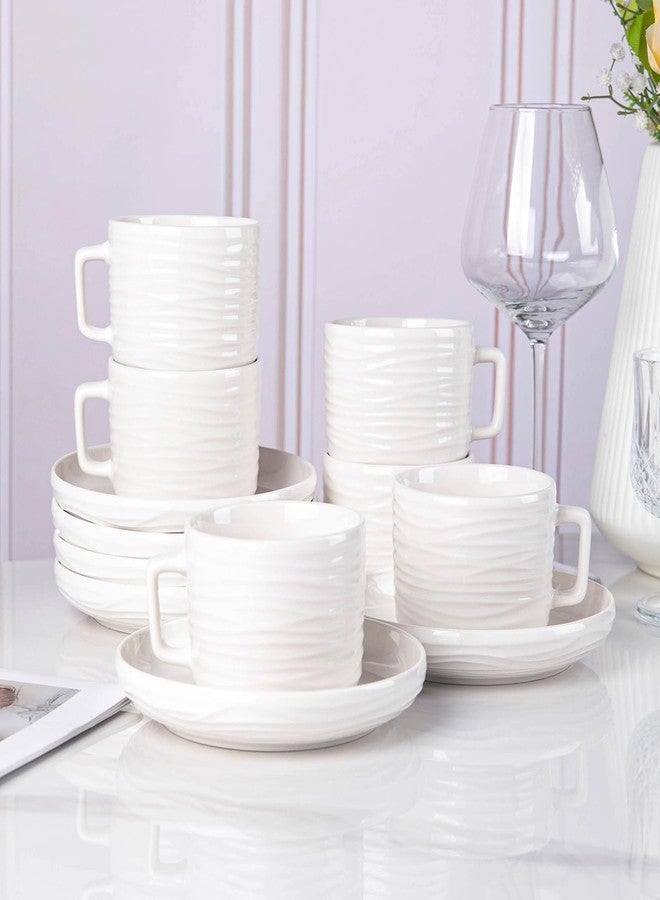 CHILDIKE Porcelain Cappuccino Cups with Saucers, 8 OZ White Ceramic Coffee Cups Set of 6, Good for Latte, Americano and Tea, Microwave and Dishwasher Safe, Ribbed Texture - Image 4