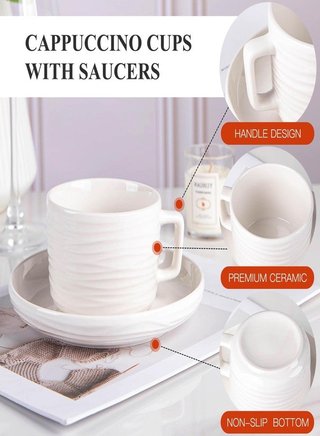 CHILDIKE Porcelain Cappuccino Cups with Saucers, 8 OZ White Ceramic Coffee Cups Set of 6, Good for Latte, Americano and Tea, Microwave and Dishwasher Safe, Ribbed Texture - Image 5
