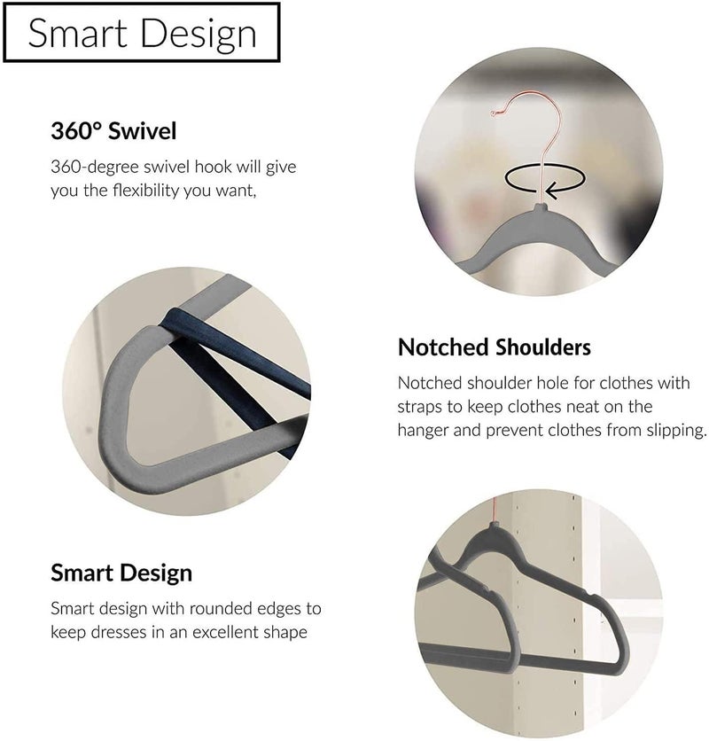ARLICORPING Velvet Hangers - Non-Slip Premium Suit Hangers, Ultra Thin, Space Saving, 360 Degree Swivel Hook, Grey Velvet (50) - Image 3