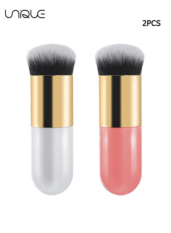 Unique 2 Pieces Foundation Brush, Chubby Makeup Brush, Suit For Blending Liquid, Cream or Flawless Powder Cosmetics(White & Pink) - Image 1