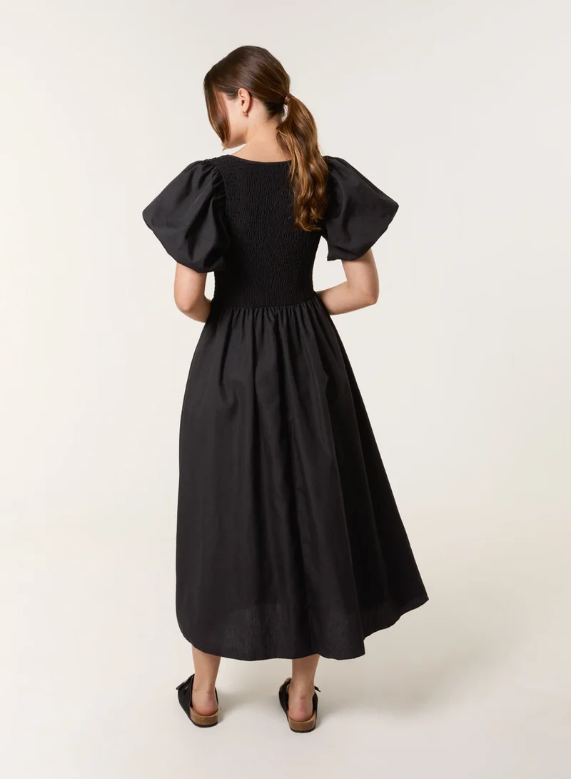 بلو فانيلا فستان ميدي بنسيج مختلط وأكمام منفوشة