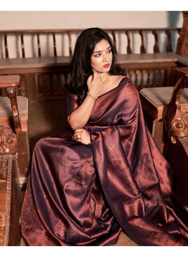 C J Enterprise ساري حريمي كانجيفارام ناعم نقي من C J Enterprise لحفلات الزفاف، ساري Banarasi Pattu مع قطعة بلوزة (Navya-BS16-51) - Image 3