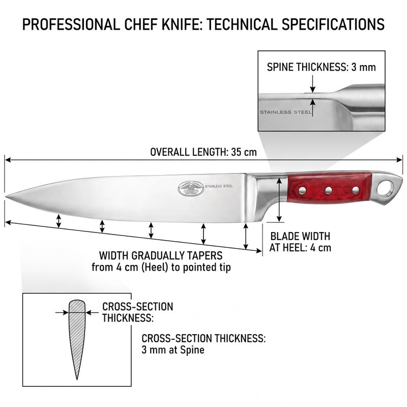 Professional Stainless Steel Chef Knife 35cm Ultra Sharp Rust Resistant Blade Wood Handle Integrated with Stainless Steel for Meat Chicken Fish Vegetables Fruits Suitable for Home Kitchen Restaurant - Image 5