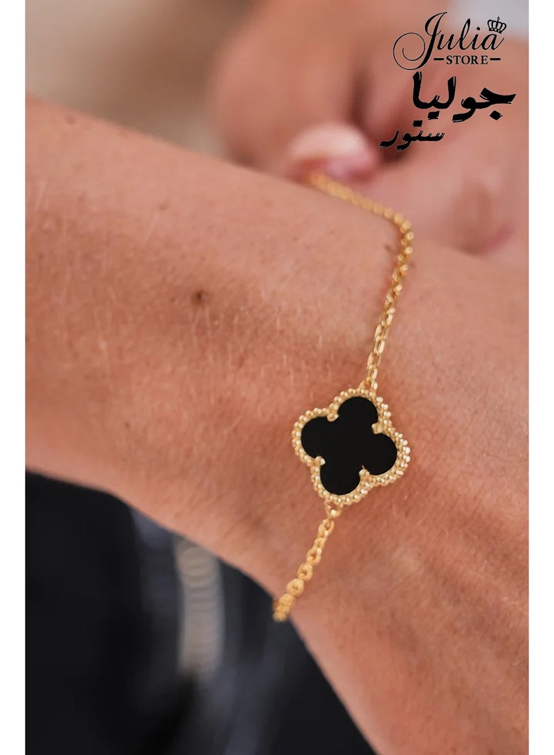 Julia Store 18K Gold Plated Stainless Steel Single Love Trendy Luxury Lucky Four Leaf Link Black Onyx Clover Bracelet for Women Bracelets Jewelry Gifts for Women - Image 3
