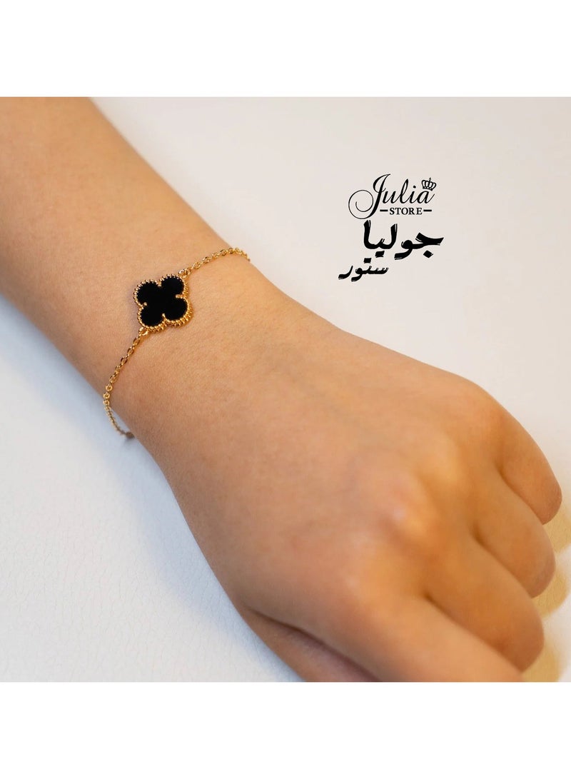 Julia Store 18K Gold Plated Stainless Steel Single Love Trendy Luxury Lucky Four Leaf Link Black Onyx Clover Bracelet for Women Bracelets Jewelry Gifts for Women - Image 4