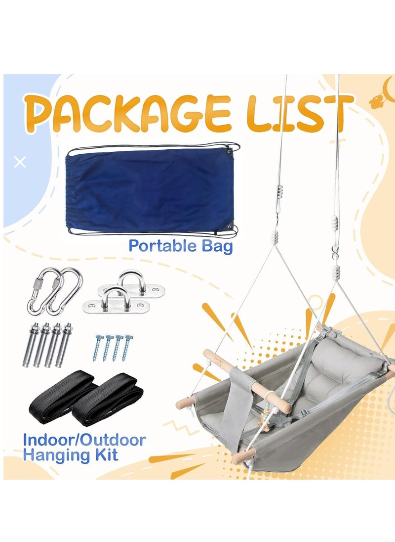 USTIDE - Baby Swing for Baby and Toddler, Canvas Baby Hammock Swing Indoor and Outdoor with Safety Belt and Mounting Hardware, Wooden Hanging Swing Seat Chair for Baby up to 3 Years - Image 1