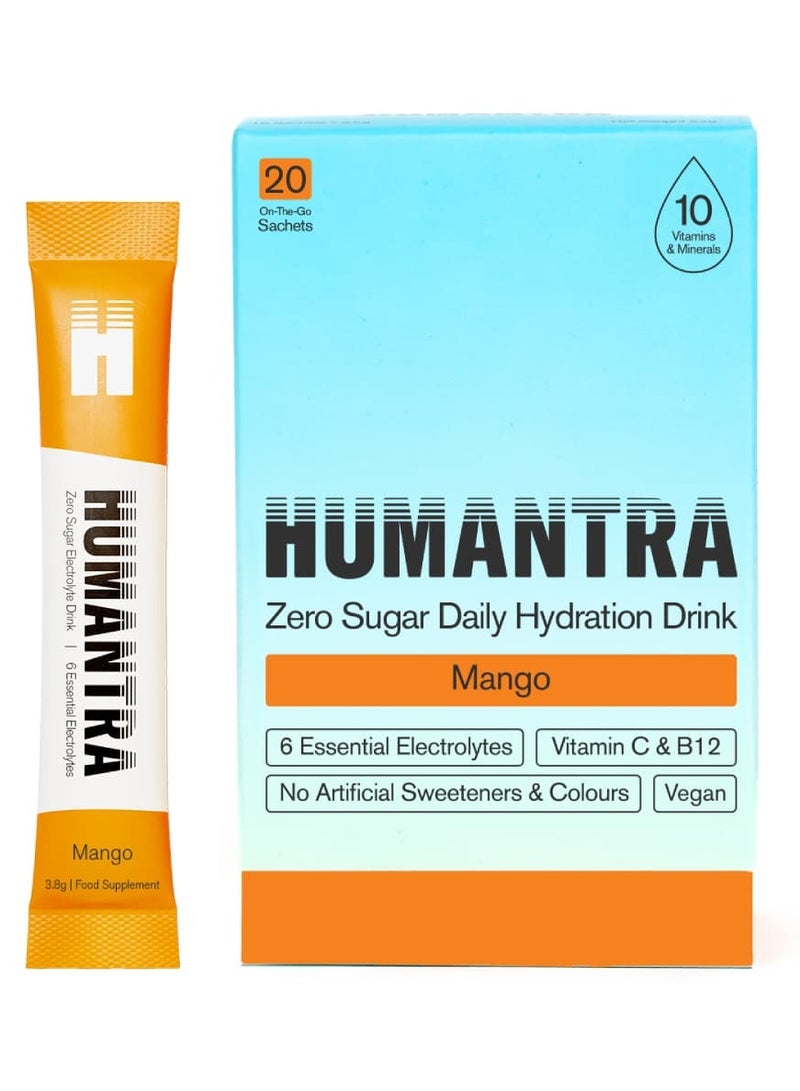 Humantra Electrolyte Hydration Drink Mango 20 Sachets | Sugar Free Vegan Electrolyte Powder with Vitamin C, Vitamin B12 & Zinc | Caffeine Free Hydration Supplement - Image 1