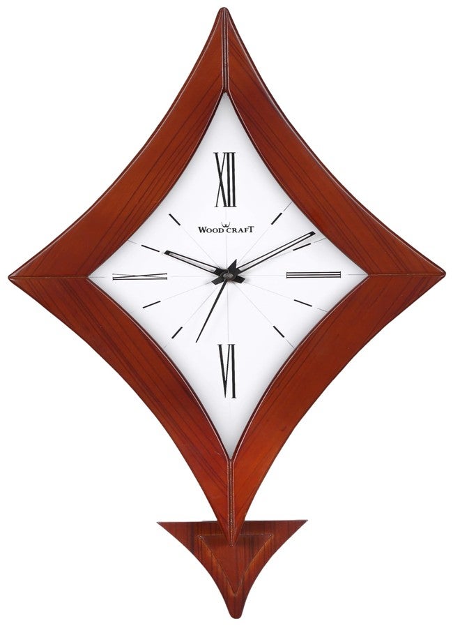 WOOD CRAFT ساعة حائط خشبية مصنوعة يدويًا - على شكل ماسة مع بندول - بتقنية الكوارتز الصامتة اليابانية - 21.8 بوصة × 9.8 بوصة، إطار بني - مينا أبيض، الموديل: WP-136 - Image 1