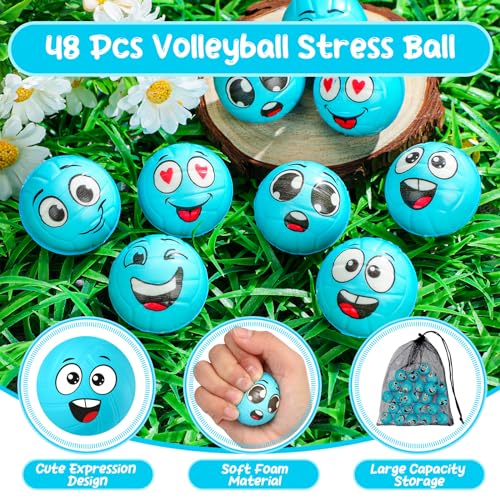 Shappy 48 Pcs Mini Volleyball Stress Balls 157 Squeeze Sports Stress Volleyball Ball Bulk with Black Mesh Drawstring Bag 6 Style Emotion Foam Toys for Birthday Party Favor SuppliesBlue - Image 5
