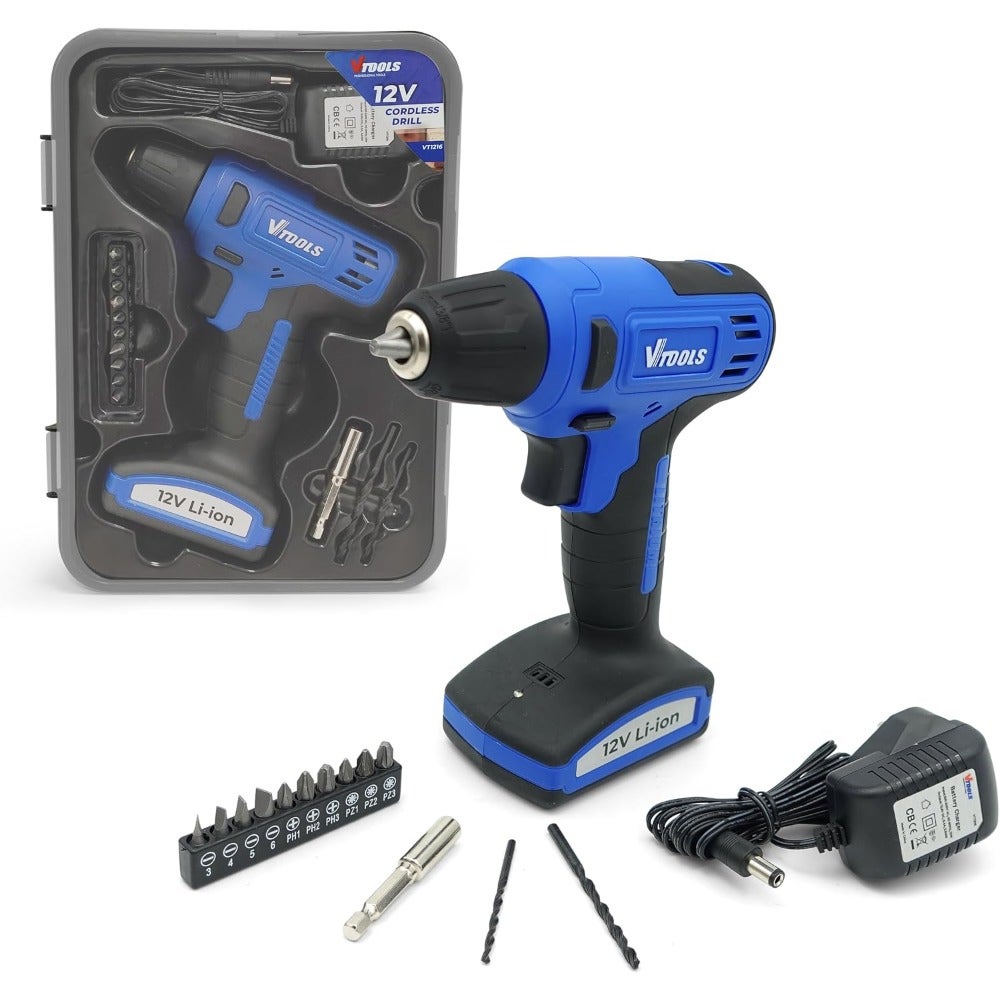Cordless drill driver for home DIY and light construction, lithium-ion 1.5Ah battery, black-gray, 12V/850 RPM/16NM torque/10mm chuck with 13 pcs bits set