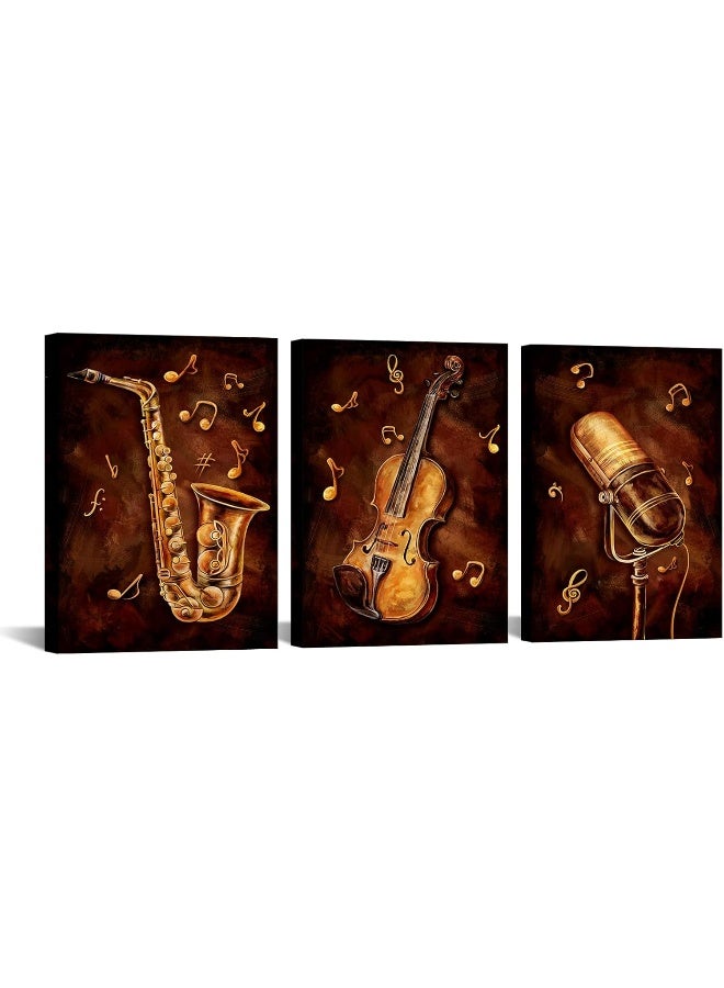 Home Trove Sechars 3 Piece Music Paintings On Canvas Rustic Saxophone Violin Microphone Art Pictures Wall Decor Vintage Brown Artwork Home Living Room Music Studio Classroom Decoration Ready To Hang (Small) - Image 1
