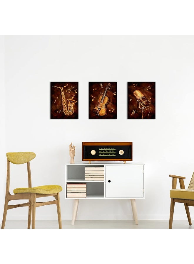 Home Trove Sechars 3 Piece Music Paintings On Canvas Rustic Saxophone Violin Microphone Art Pictures Wall Decor Vintage Brown Artwork Home Living Room Music Studio Classroom Decoration Ready To Hang (Small) - Image 2