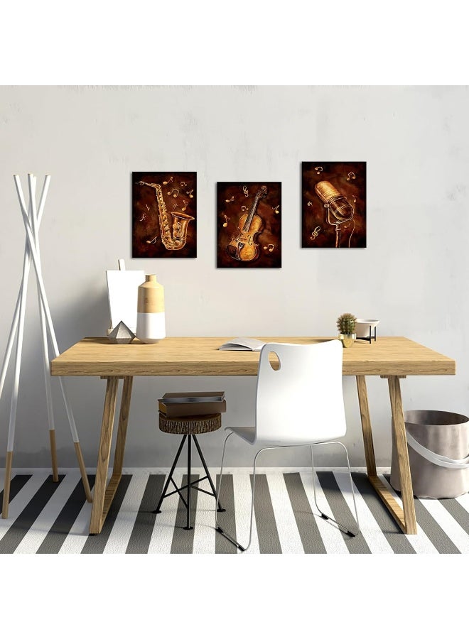 Home Trove Sechars 3 Piece Music Paintings On Canvas Rustic Saxophone Violin Microphone Art Pictures Wall Decor Vintage Brown Artwork Home Living Room Music Studio Classroom Decoration Ready To Hang (Small) - Image 4