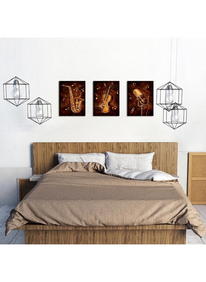 Home Trove Sechars 3 Piece Music Paintings On Canvas Rustic Saxophone Violin Microphone Art Pictures Wall Decor Vintage Brown Artwork Home Living Room Music Studio Classroom Decoration Ready To Hang (Small) - Image 5