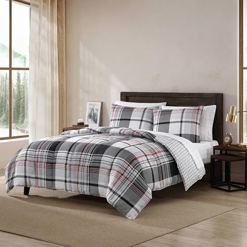 Eddie Bauer King Duvet Cover Set Reversible Microsuede Bedding Set with Matching Shams Casual Home Dcor Normandy Plaid Black King - Image 1