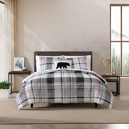 Eddie Bauer King Duvet Cover Set Reversible Microsuede Bedding Set with Matching Shams Casual Home Dcor Normandy Plaid Black King - Image 3