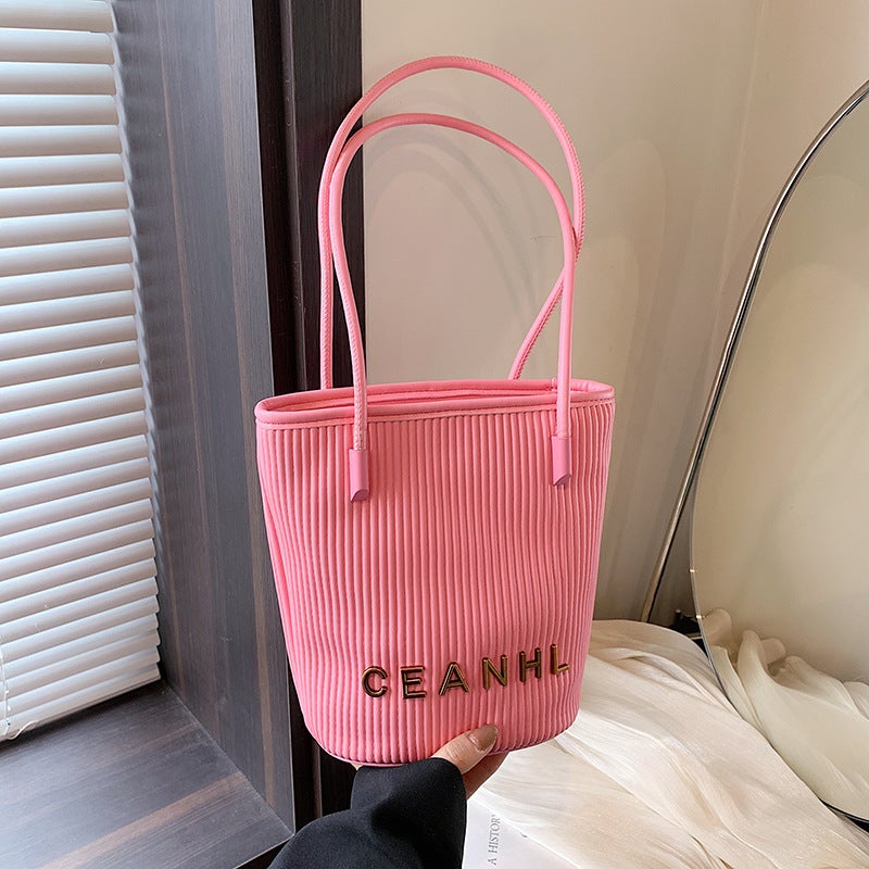 Women'S Bag Style Small Fragrant Striped Simple Bucket Bag Trendy Versatile Handbag Popular Single Shoulder Crossbody - Image 2