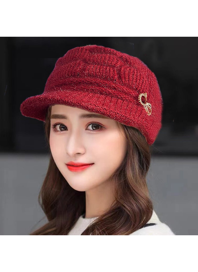 Generic - Winter Rabbit Fur Hat for Elderly Women Warm Knit Cap [bowtie] wine red - Image 1