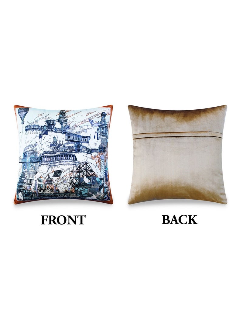 Vellato - Blue Velvet Cushion Cover, Hermes Inspired Horse Printed Decorative Pillow, Vintage Home Décor Throw Pillow Cover, 45 x 45 CM - Image 1