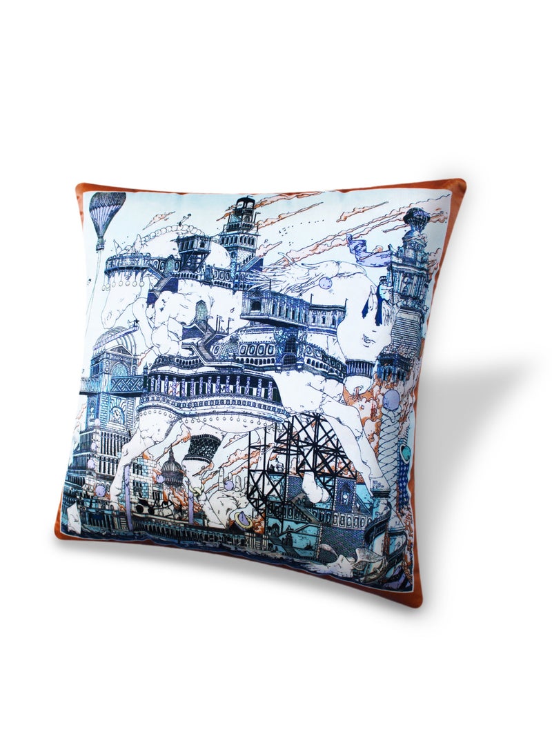 Vellato - Blue Velvet Cushion Cover, Hermes Inspired Horse Printed Decorative Pillow, Vintage Home Décor Throw Pillow Cover, 45 x 45 CM - Image 1