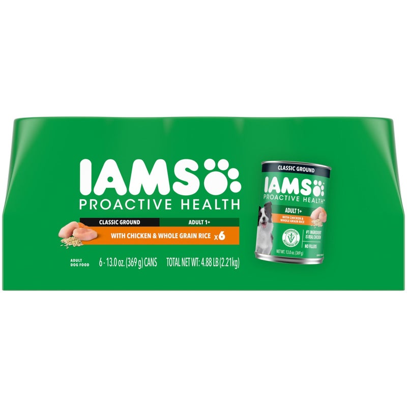 IAMS Proactive Health Wet Dog Food, Adult Wet Dog Food Multipack Ground Dinner, with Chicken & Whole Grain Rice, 13 oz. Cans (Pack of 6) - Image 1