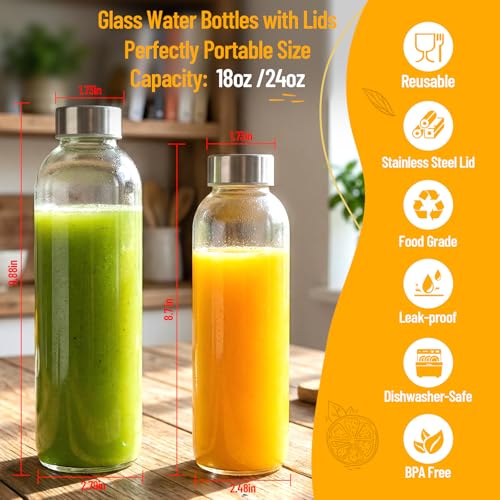 Luxfuel Clear Glass Bottles with Lids 18 oz, Reusable Glass Water Bottles with Stainless Steel Cap for Juicing,Refrigerator,100% Leak Proof, BPA Free, Juice Water Bottle Set of 12 - Image 4