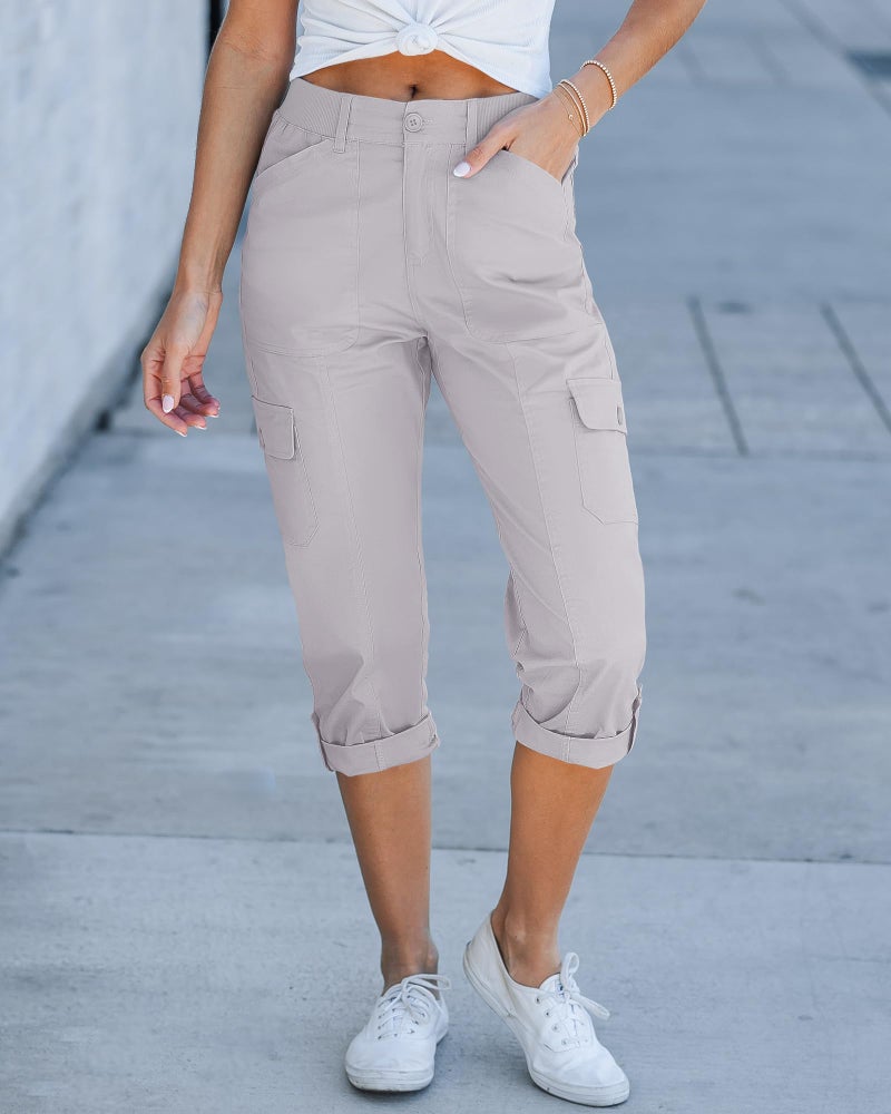 GRAPENT High Waisted Pants for Women Travel Pants Women Fashion Clothing Womens Casual Outfits Ladies Cargo Pants Grey High Waisted Capris with Pockets Color Light Gray Large Size 12 Size 14 - Image 3