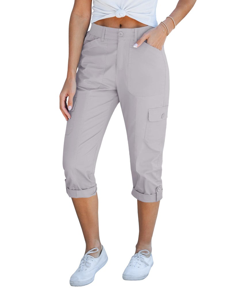 GRAPENT High Waisted Pants for Women Travel Pants Women Fashion Clothing Womens Casual Outfits Ladies Cargo Pants Grey High Waisted Capris with Pockets Color Light Gray Large Size 12 Size 14 - Image 1