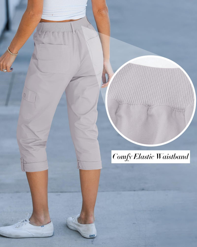 GRAPENT High Waisted Pants for Women Travel Pants Women Fashion Clothing Womens Casual Outfits Ladies Cargo Pants Grey High Waisted Capris with Pockets Color Light Gray Large Size 12 Size 14 - Image 4