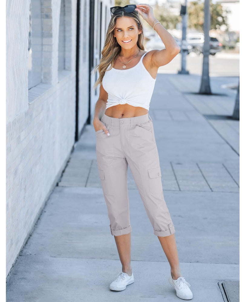 GRAPENT High Waisted Pants for Women Travel Pants Women Fashion Clothing Womens Casual Outfits Ladies Cargo Pants Grey High Waisted Capris with Pockets Color Light Gray Large Size 12 Size 14 - Image 5