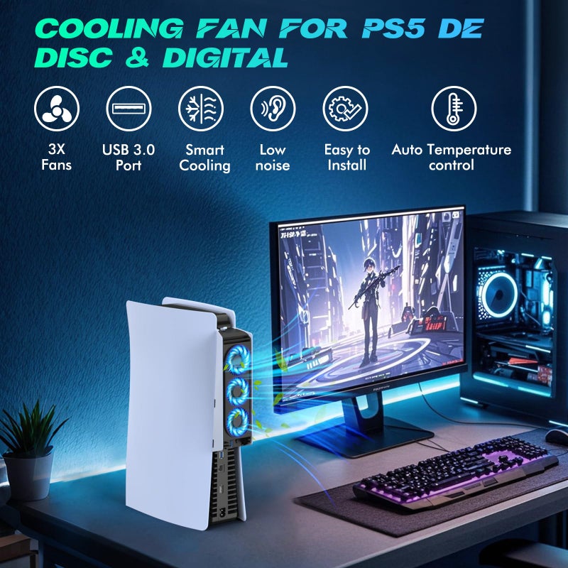 KEPLUG Upgraded Cooling Fan for PS5 Console,Quiet & Efficient Cooler with LED Light and USB 3.0 Port, Dual-Speed PlayStation 5 Cooling System for Disc & Digital Edition (Not for Slim/Pro) - Image 2