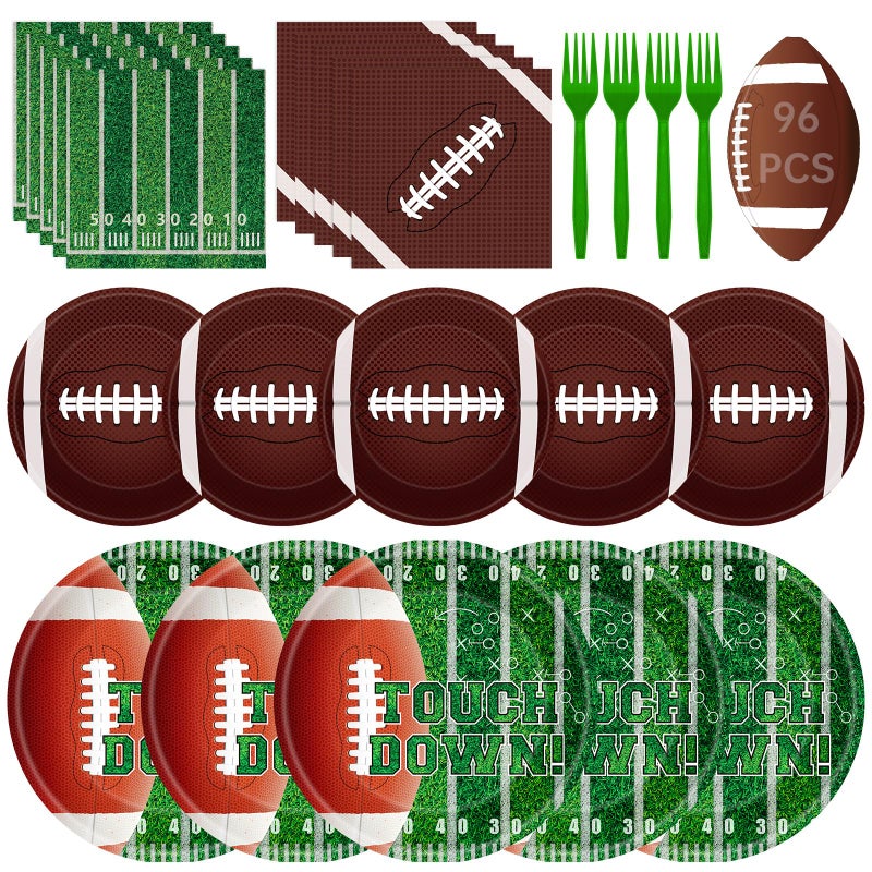 Litmitfu 96 Pcs Football Plates and Napkins Forks Sets - Rugby Sports Themed Round Tableware, Disposable Touch Down Paper Plates Napkins Set for Football Game Day Tailgate Party Supplies Accessories, Serves 24 - Image 1