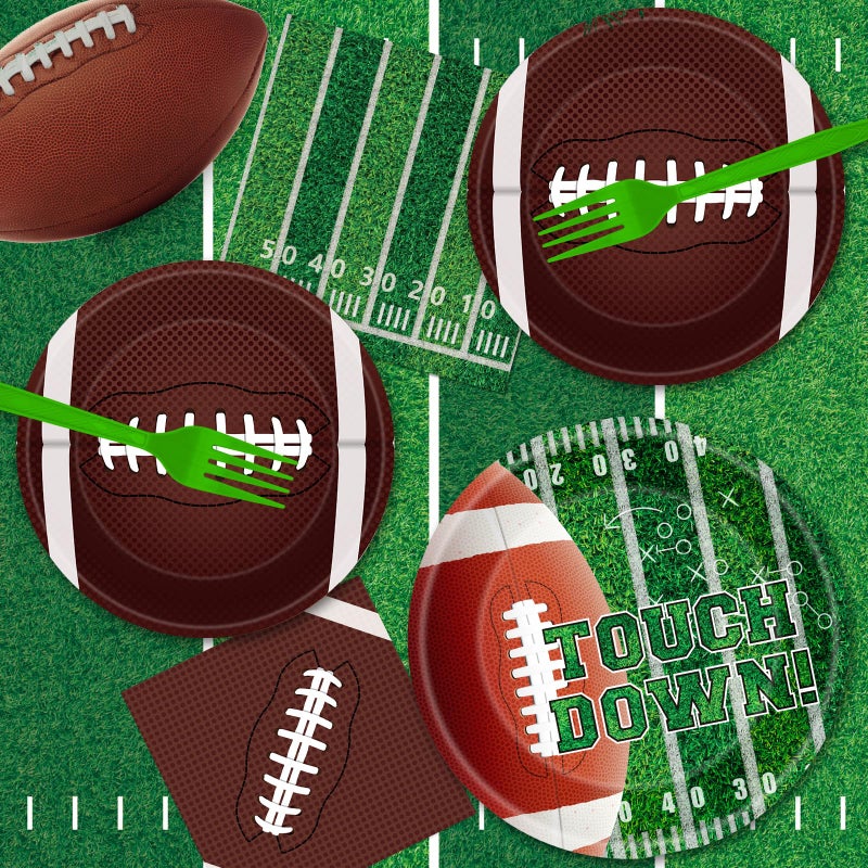 Litmitfu 96 Pcs Football Plates and Napkins Forks Sets - Rugby Sports Themed Round Tableware, Disposable Touch Down Paper Plates Napkins Set for Football Game Day Tailgate Party Supplies Accessories, Serves 24 - Image 2