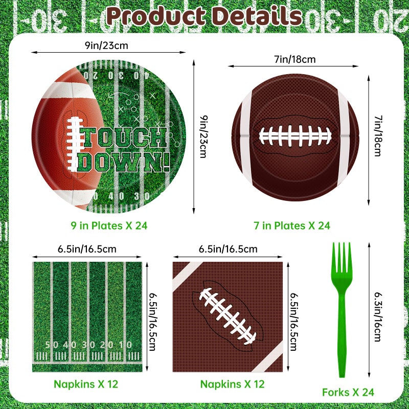 Litmitfu 96 Pcs Football Plates and Napkins Forks Sets - Rugby Sports Themed Round Tableware, Disposable Touch Down Paper Plates Napkins Set for Football Game Day Tailgate Party Supplies Accessories, Serves 24 - Image 3