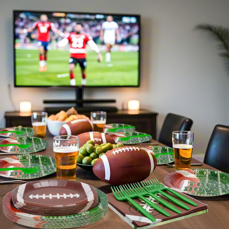 Litmitfu 96 Pcs Football Plates and Napkins Forks Sets - Rugby Sports Themed Round Tableware, Disposable Touch Down Paper Plates Napkins Set for Football Game Day Tailgate Party Supplies Accessories, Serves 24 - Image 5