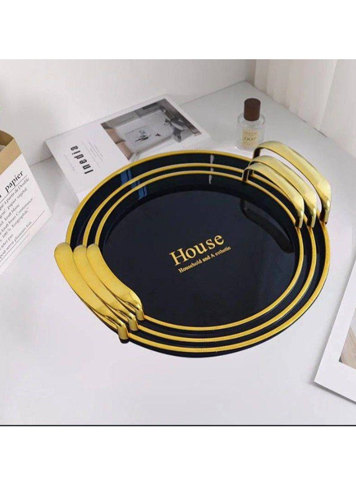 3-piece round tray set for elegant serving, unbreakable, easy to clean, with a black gold handle  - Image 1