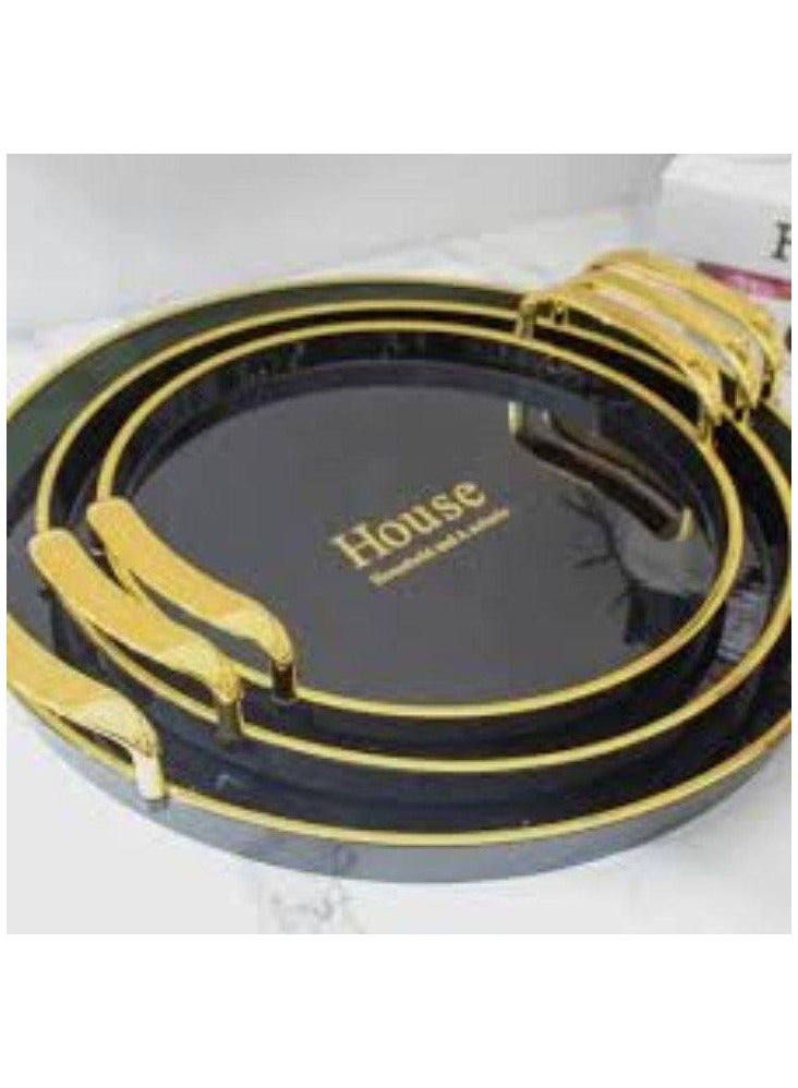 3-piece round tray set for elegant serving, unbreakable, easy to clean, with a black gold handle  - Image 2