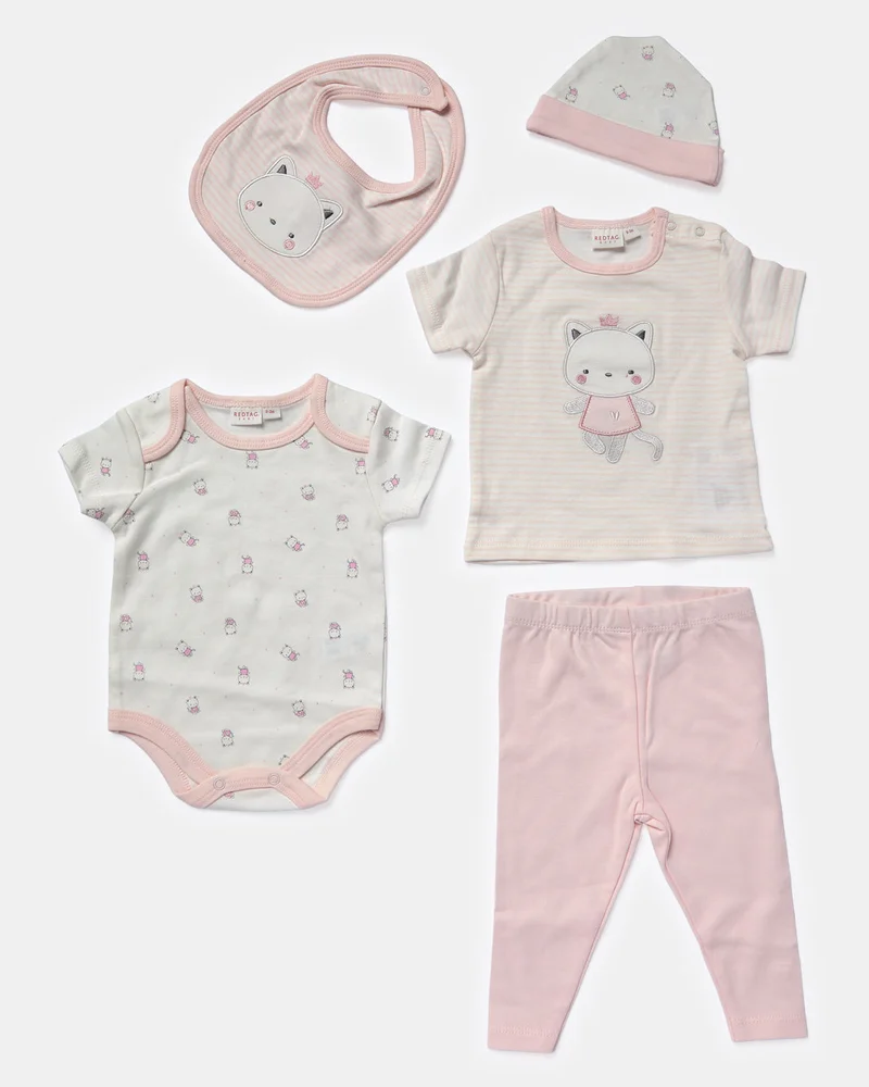 REDTAG Pink Set Of Grower, Bodysuit, Bib, Hat And Mittens