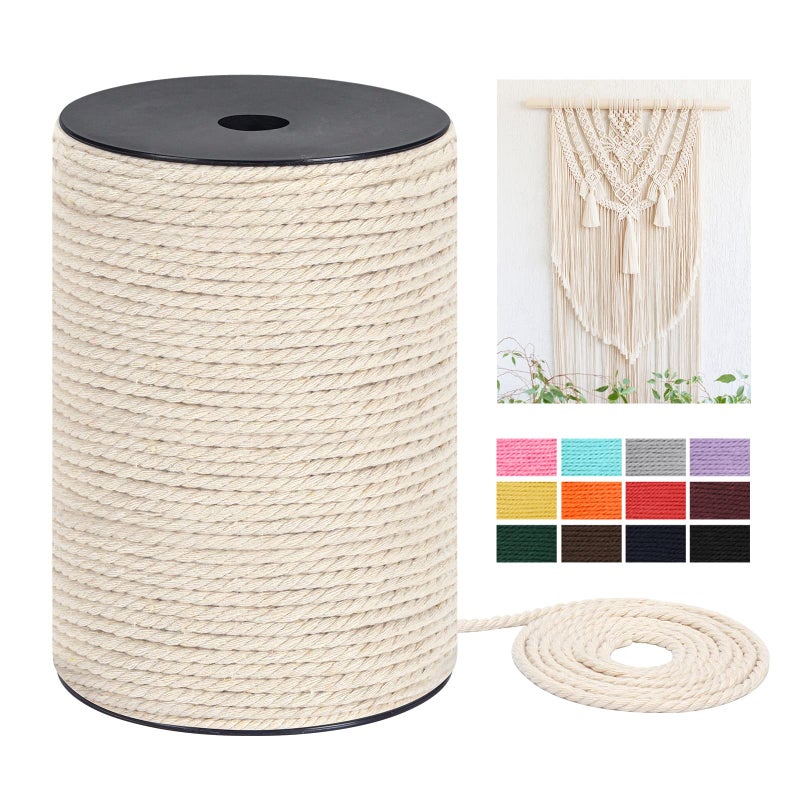 Macrame Cord 3mm x 240Yards720Feet Natural Cotton Macrame Rope 3 Strands Twisted Macrame Cotton Cord for Wall Hanging Plant Hangers Crafts Gift Wrapping and Wedding Decorations