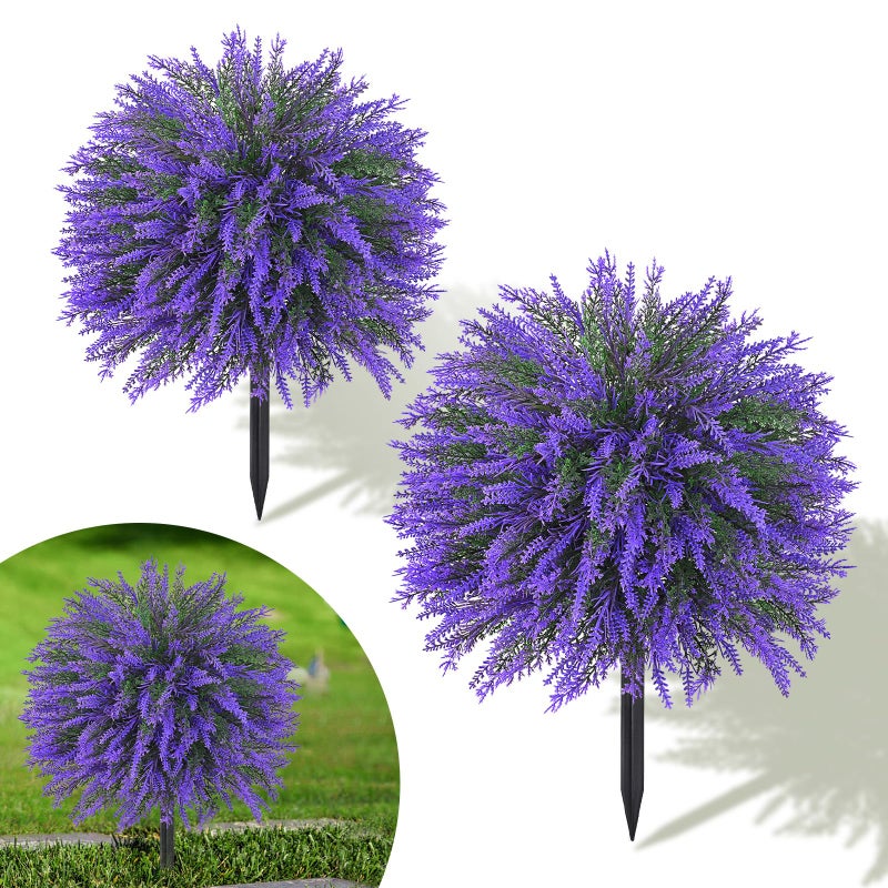 Dolicer 2 Sets Artificial Topiary Ball Trees for Outdoor, 22Inches Lavender Fake Bushes Plants with Ground Spike, Large UV Resistant Artificial Shrubs for Garden Front Yard Porch Patio Home Decor - Image 1