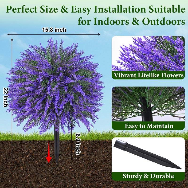 Dolicer 2 Sets Artificial Topiary Ball Trees for Outdoor, 22Inches Lavender Fake Bushes Plants with Ground Spike, Large UV Resistant Artificial Shrubs for Garden Front Yard Porch Patio Home Decor - Image 4