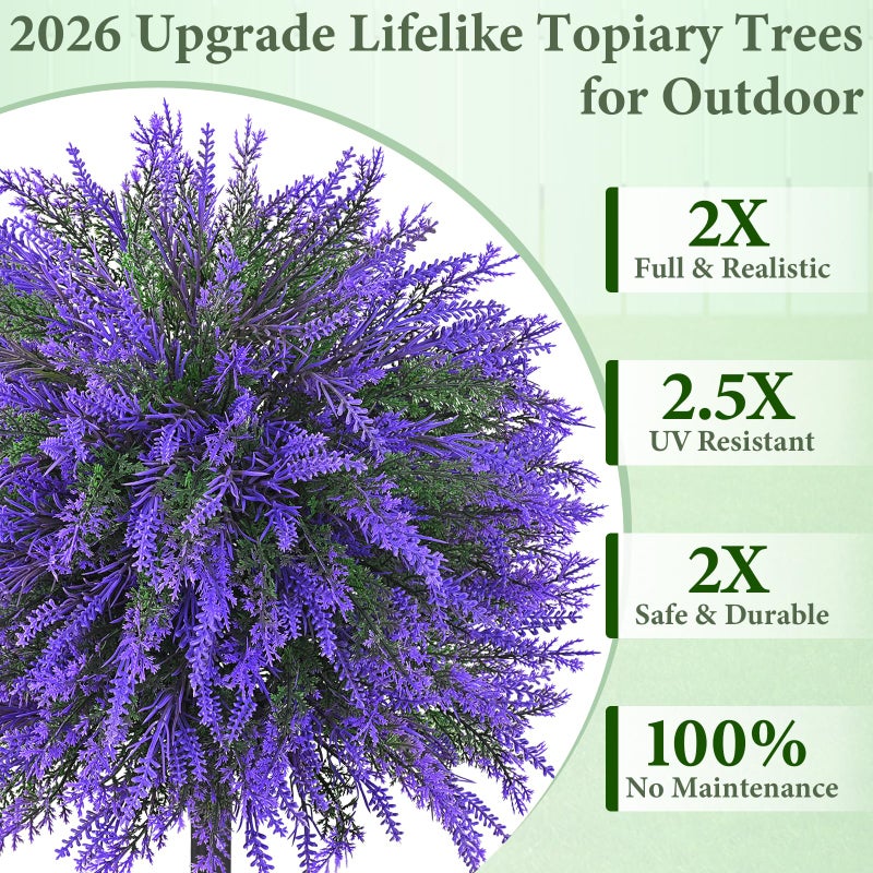Dolicer 2 Sets Artificial Topiary Ball Trees for Outdoor, 22Inches Lavender Fake Bushes Plants with Ground Spike, Large UV Resistant Artificial Shrubs for Garden Front Yard Porch Patio Home Decor - Image 3