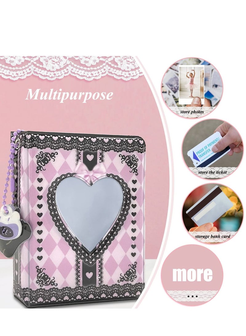 Excefore 3 Inch Photocard Binder Kpop Holder Book Mini Photo Album Small Card Love Heart Hollow ID with Pendant 40 Pockets, Black Lace - Image 3