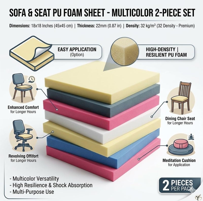 RAJCHIEF Sofa PU Foam Sheet for Study and Revolving Chair Seat, Meditation Seat 18 * 18 (Multicolor, 22 mm, 32 Density) 2 Piece - Image 2