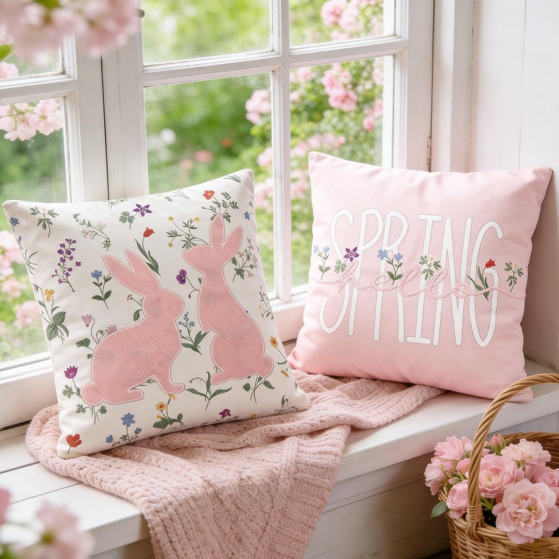 DN DECONATION Easter Pillow Covers 18x18 Inch Set of 2, Spring & Bunny Pillowcase Sofa Throw Pillow Covers for Couch Bed, Decorative Pillow Covers for Living Room Spring Decor Farmhouse Bed Easter Decorations - Image 2