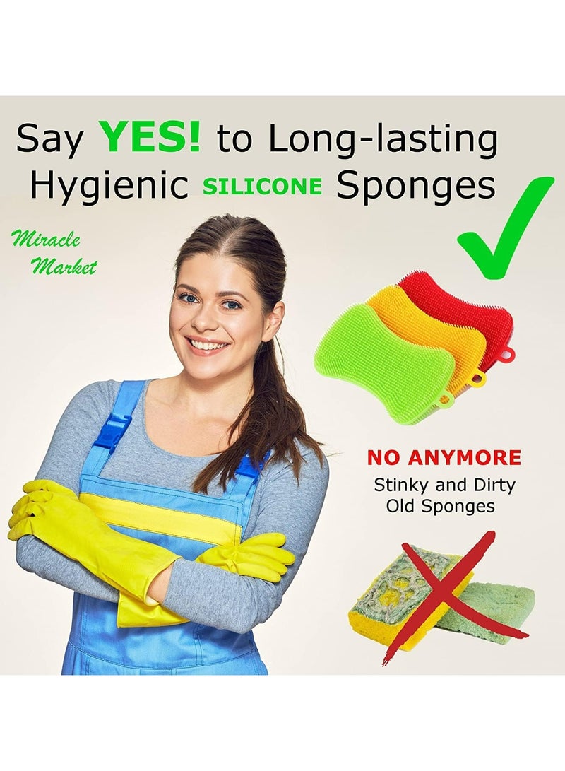Oasisgalore 3 Pcs Silicone Kitchen Scrubber - Multi-functional Cleaning Brush with Silicon Carbide Sponge - Image 2