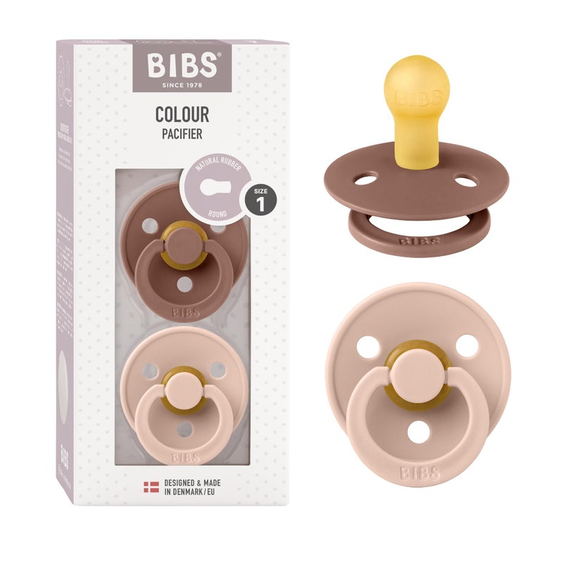 BIBS Pacifiers Colour Collection | Natural Rubber Baby Pacifier | Set of 2 BPA-Free Soothers | Made in Denmark | 0+ Months (Pack of 2) | Woodchuck/Blush - Image 1