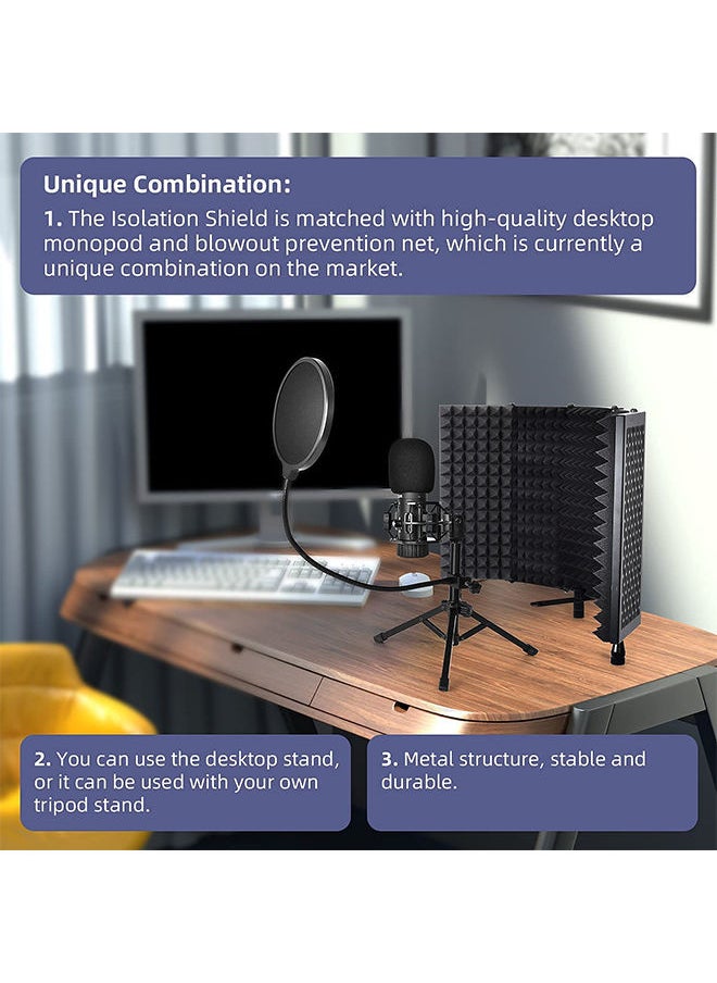 Studio Recording Microphone Isolation Shield With Tripod Stand And Pop Filter Black