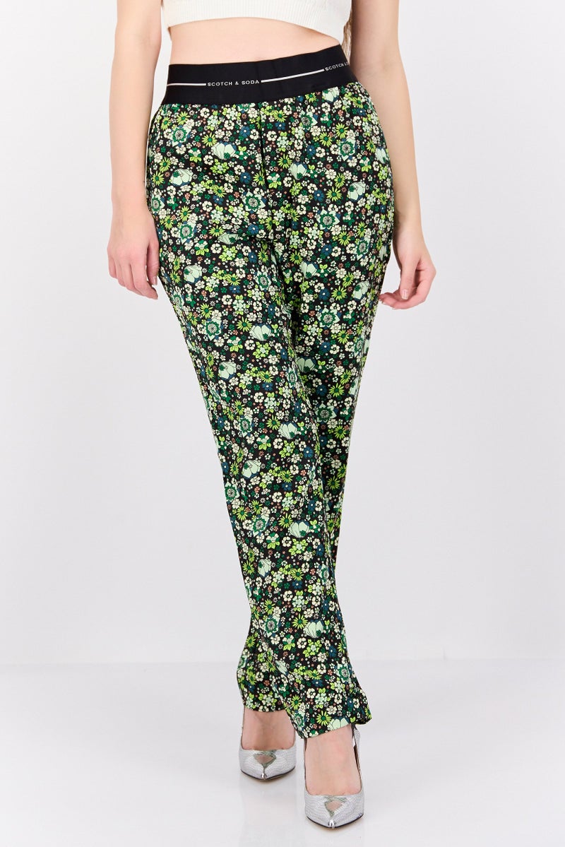Scotch & Soda Women Floral Pattern Pull On Palazzo Pants, Green Combo - Image 1