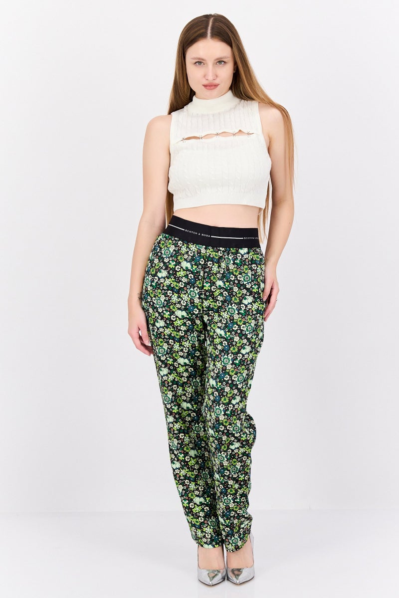 Scotch & Soda Women Floral Pattern Pull On Palazzo Pants, Green Combo - Image 4